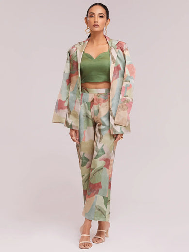 Excellent Multi-Color Satin Stylist Crop Top And Pant With Blazer